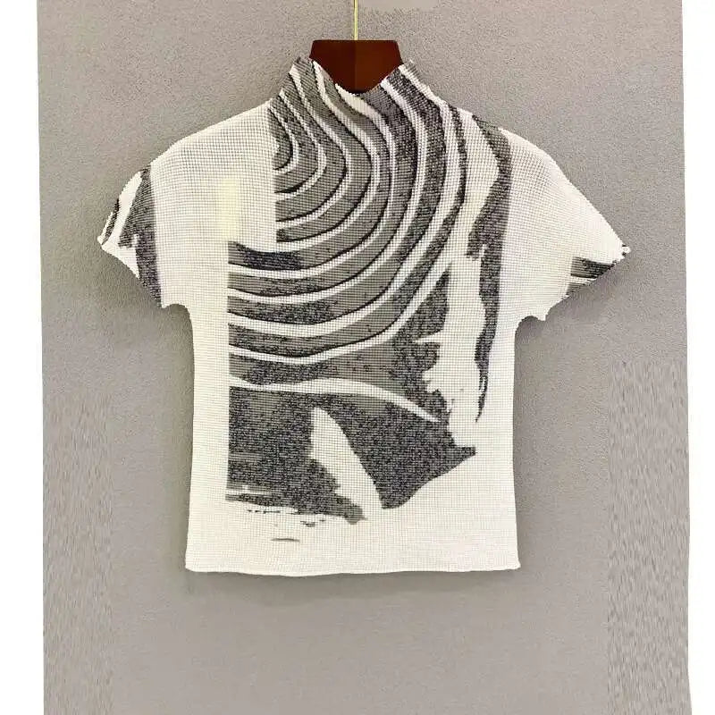 YUDX Printing Pleated T Shrit Woman Turtleneck Short Sleeve Pullover Elastic Slim Fit Tops High Street 2025 New Summer