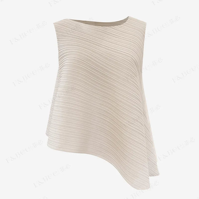 YUDX Women's Sleeveless T-shirt 2024 Fall New Loose Plus Size Wild Irregular Round Neck Solid Color Undershirt Pleated Tops