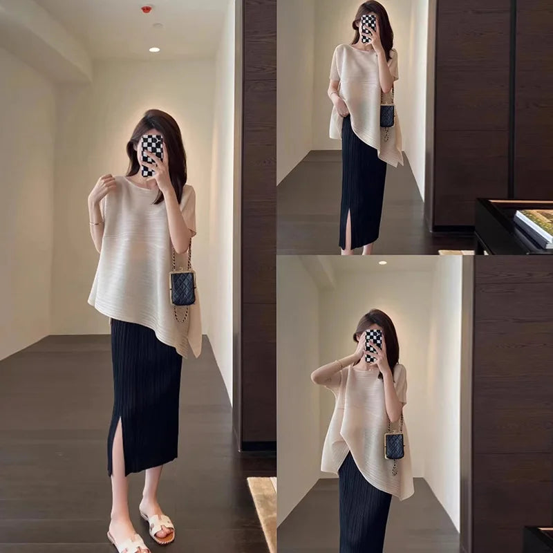 Pleated Fashion Temperament Solid Loose Plus Size Comfortable Diagonal Hem Top + Wrap Hip Half Skirt Summer Wear 2024 Summer New