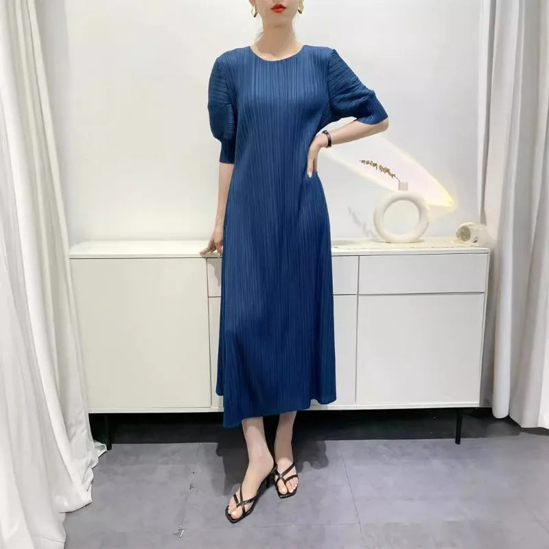 YUDX Miyake Pleated Fashion Women's Dresses Loose Plus Size Medium-length Round Neck Short-sleeved Girls Dresses 2024 Summer New