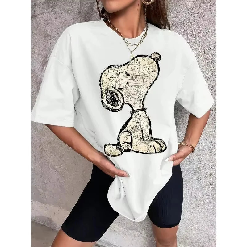 Snoopy Cartoon Anime Women T-shirt Summer Short Sleeve White 100% Cotton Men Tee Shirts Tops 2026 New Fashion Couple Clothing