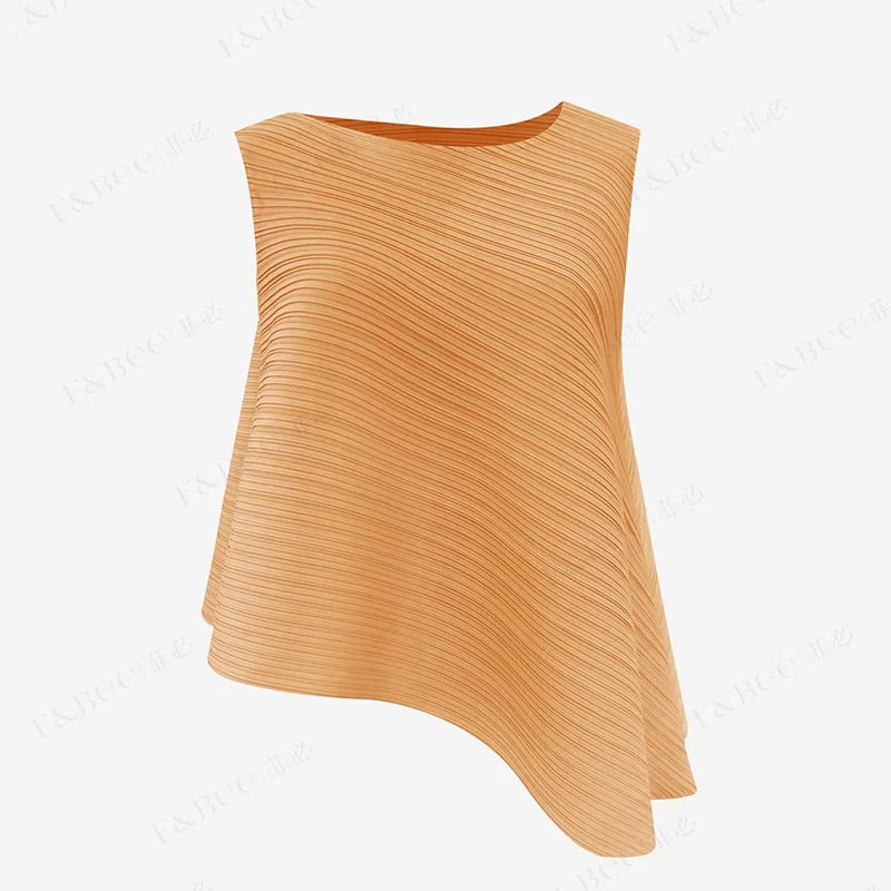 YUDX Women's Sleeveless T-shirt 2024 Fall New Loose Plus Size Wild Irregular Round Neck Solid Color Undershirt Pleated Tops