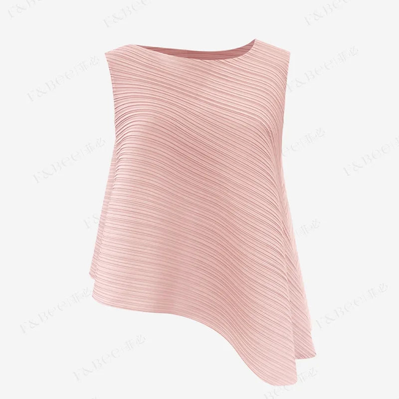 YUDX Women's Sleeveless T-shirt 2024 Fall New Loose Plus Size Wild Irregular Round Neck Solid Color Undershirt Pleated Tops