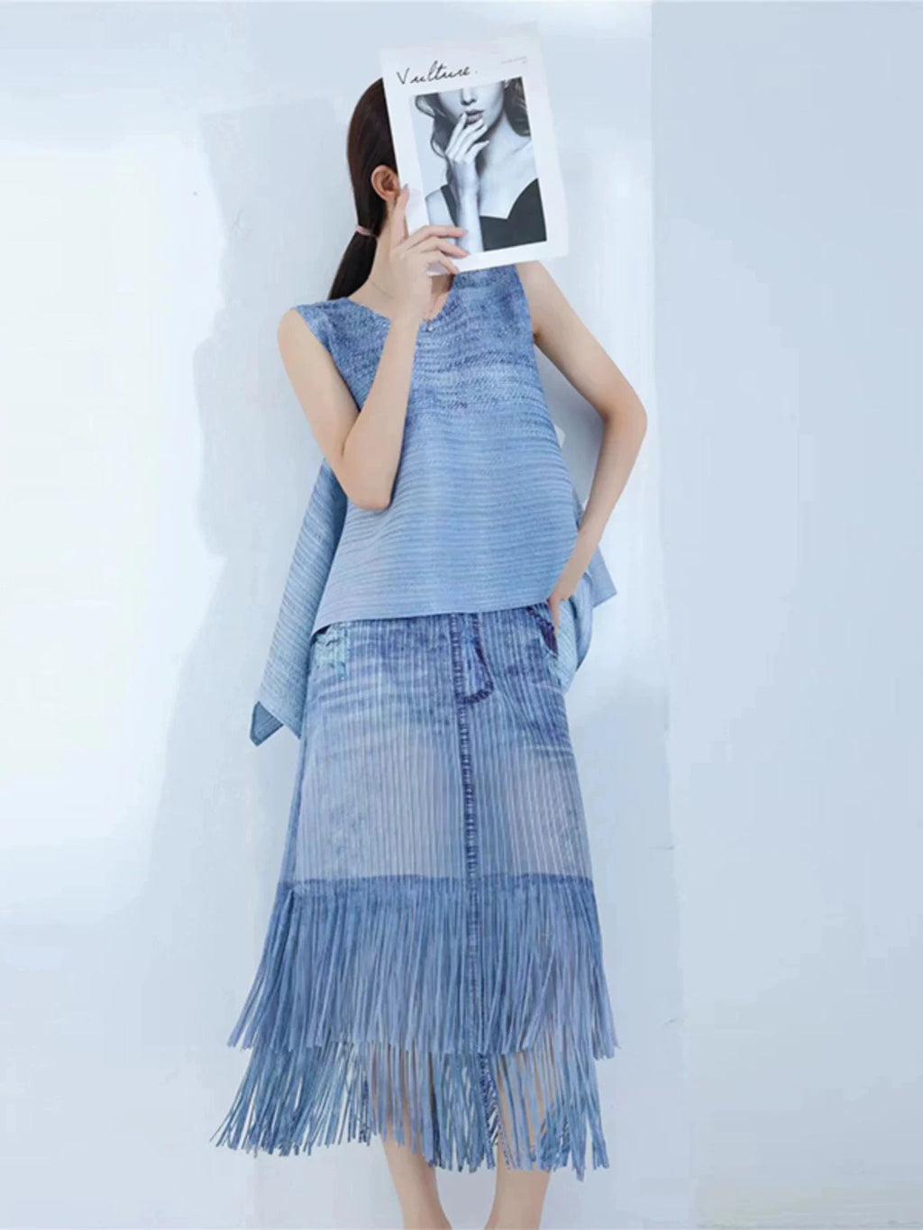 Miyake Folded Denim Style Sheath Dress 2025 Summer New Sleeveless Top + Fringe Half Skirt Set