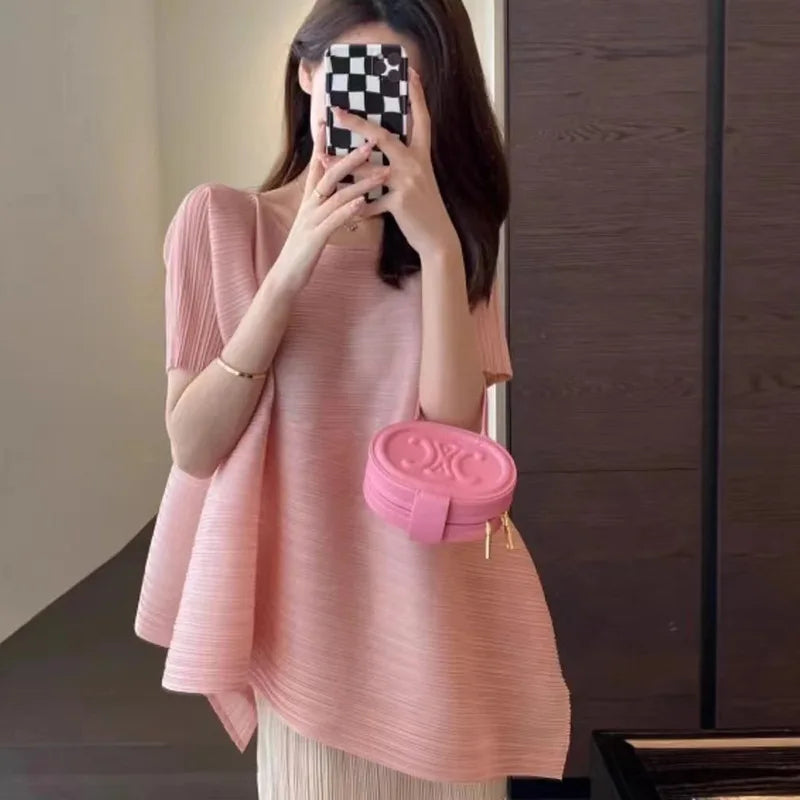 Pleated Fashion Temperament Solid Loose Plus Size Comfortable Diagonal Hem Top + Wrap Hip Half Skirt Summer Wear 2024 Summer New