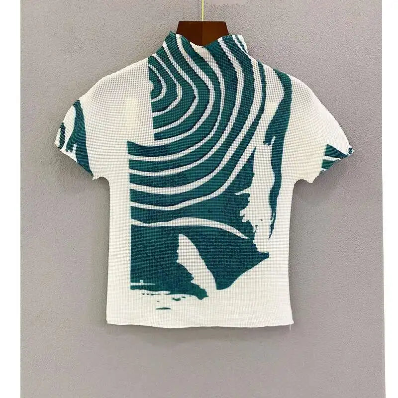YUDX Printing Pleated T Shrit Woman Turtleneck Short Sleeve Pullover Elastic Slim Fit Tops High Street 2025 New Summer