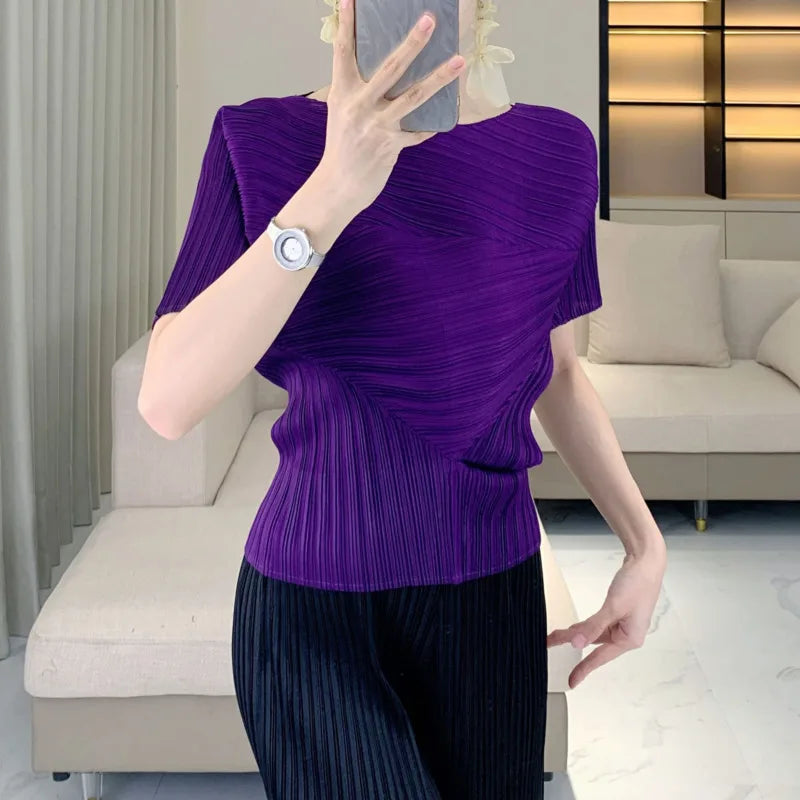 Miyake Pleated Irregular Short-sleeved Chic Women's T-shirt Versatile Elegant Elastic Slim Casual 2025 Summer New Pullover Tops