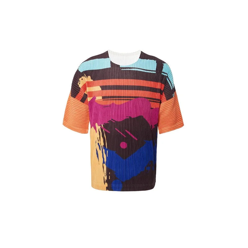 YUDX Pleated Men's Tops Printed T-shirt Loose Plus Size Short Sleeve Round Neck T-Shirt 2024 Summer New