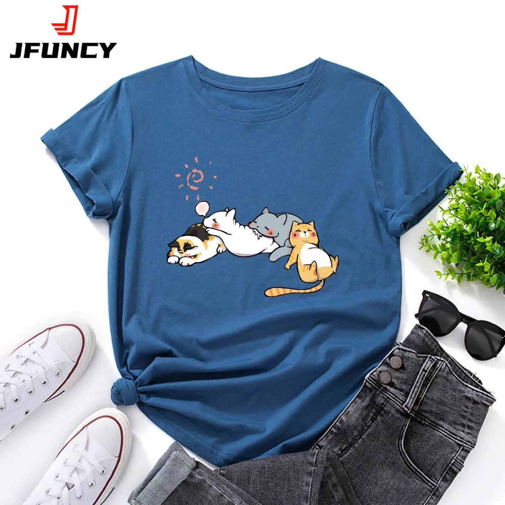 100% Cotton Women Tshirt Sleeping Cat Graphic Print Loose Tees Shirt Short Sleeve Woman T-shirt Summer Female Tops
