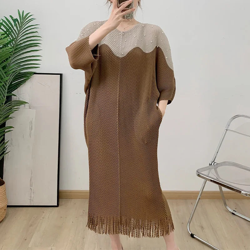 YUDX Miyake Pleated Fish Scale Pleated High Quality Women's Dress Slim Loose Plus Size Long Color Collision Long 2025 Summer New