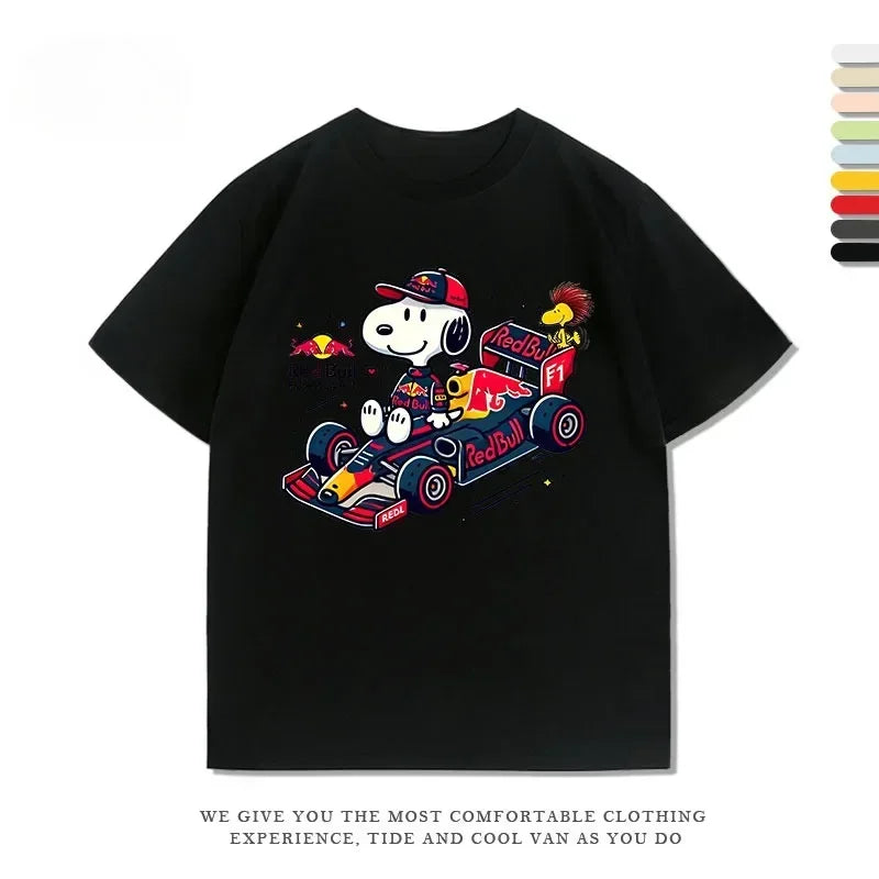 Disney Snoopy F1 Racing Anime Women's T-shirt Funny Printed Summer Fashion Casual Cotton T-shirt Short Sleeve Motorcycle T-shirt