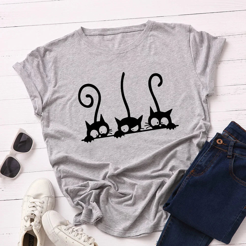 100% Cotton Women T Shirt New Cat Print T-shirts Female Short Sleeve Tees Tops Woman Summer Tshirt