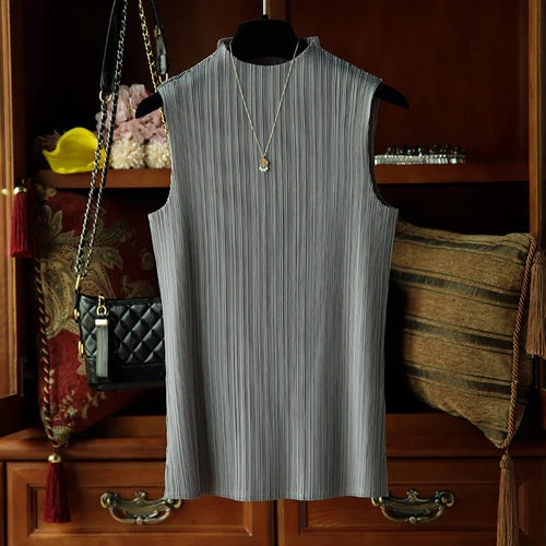 YUDX Miyake Pleated Classic Tops Sleeveless Bst T-shirt Harajuku Kawaii Korean Casual Fashion Fold Women Tees Aesthetic Clothes