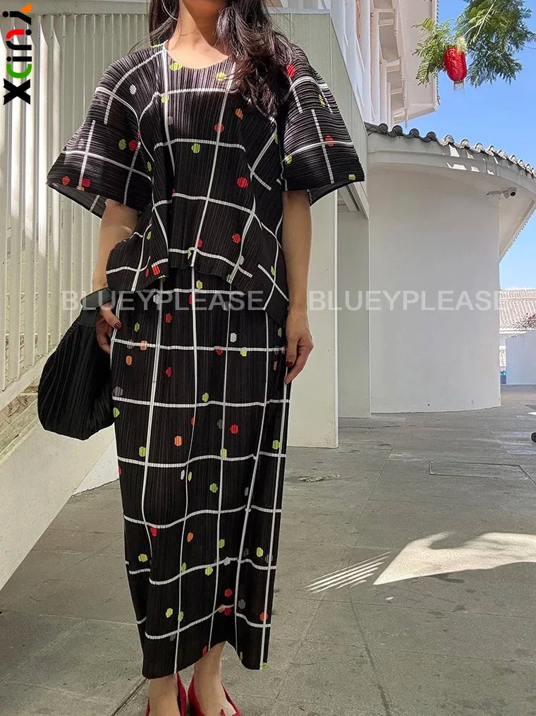 YUDX Black White Grid Colorful Polka Dot Print Pleated 2 Piece Set Short Sleeve Loose Fit 2026 Trendy Vacation Women Casual Set