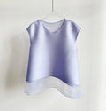 YUDX Elegant Deep Navy Blue Miyake Pleated Sleeveless O-Neck Top, Sheer Organza Hem Women's Casual Daily Office Brunch Blouse