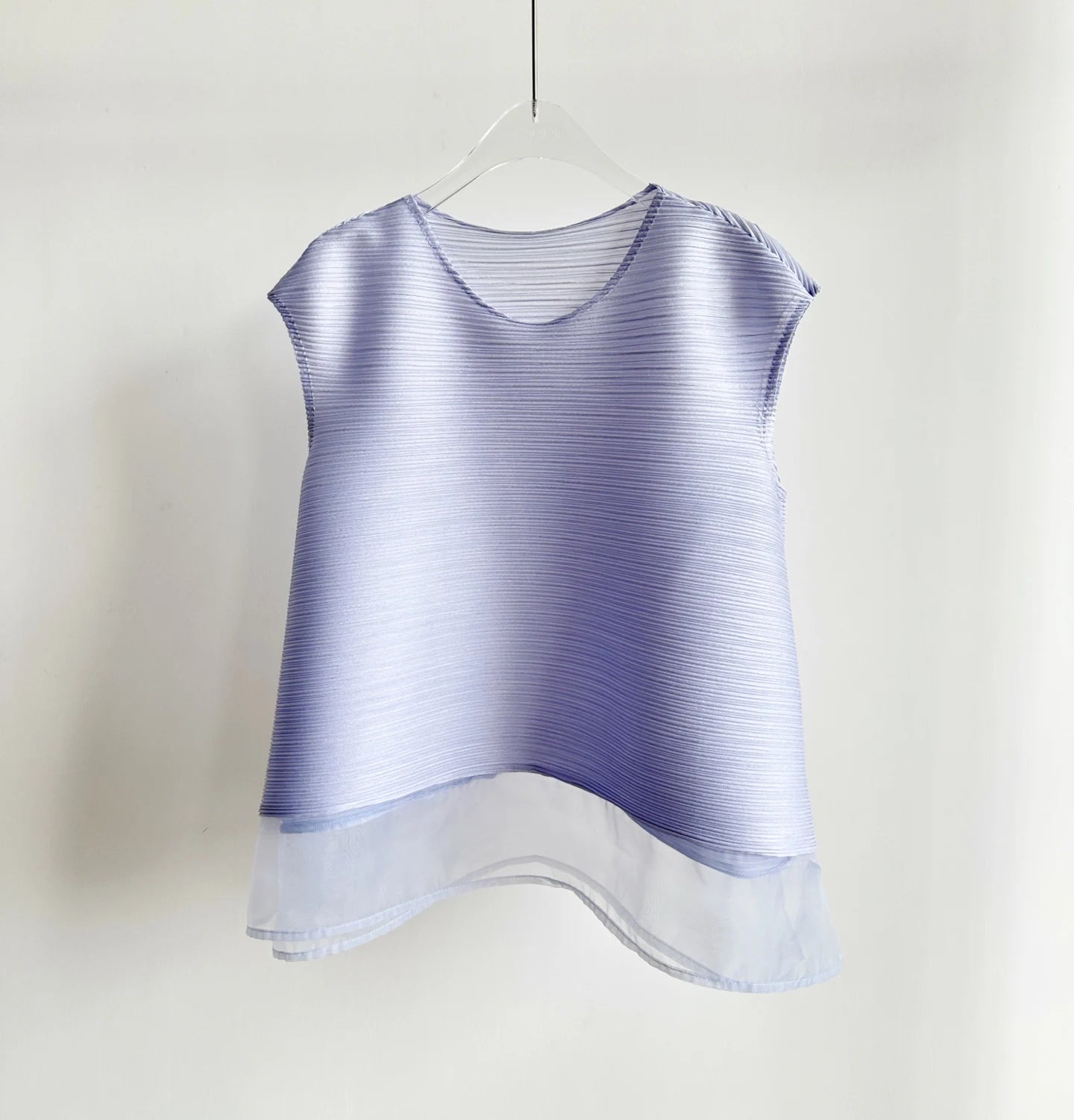 YUDX Elegant Deep Navy Blue Miyake Pleated Sleeveless O-Neck Top, Sheer Organza Hem Women's Casual Daily Office Brunch Blouse
