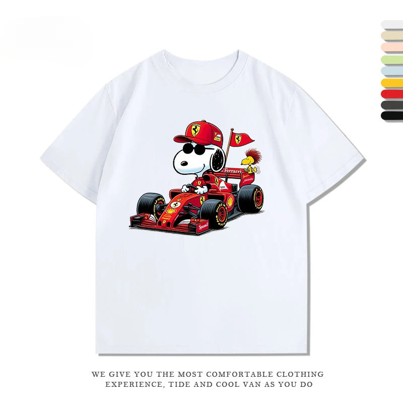 Disney Snoopy F1 Racing Anime Women's T-shirt Funny Printed Summer Fashion Casual Cotton T-shirt Short Sleeve Motorcycle T-shirt