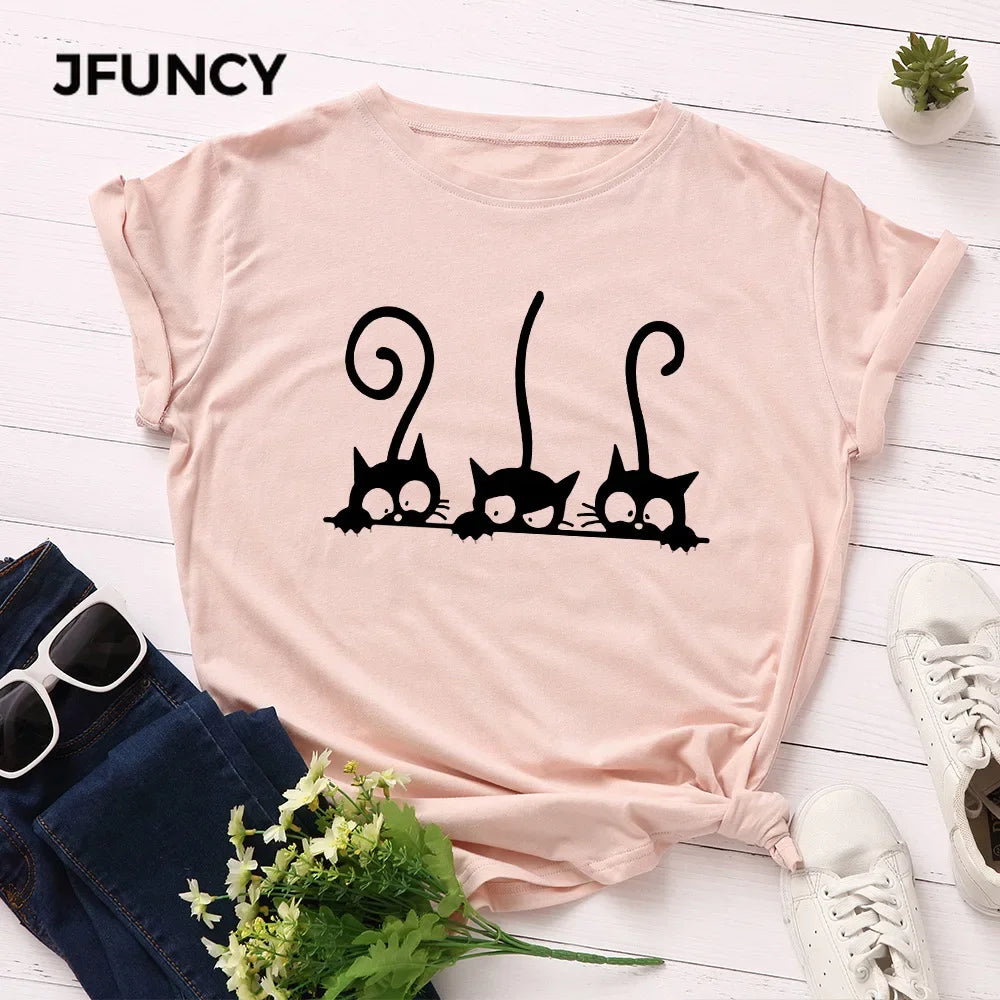 100% Cotton Women T Shirt New Cat Print T-shirts Female Short Sleeve Tees Tops Woman Summer Tshirt