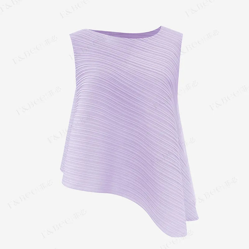 YUDX Women's Sleeveless T-shirt 2024 Fall New Loose Plus Size Wild Irregular Round Neck Solid Color Undershirt Pleated Tops