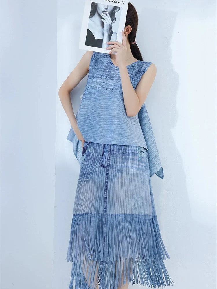 Miyake Folded Denim Style Sheath Dress 2025 Summer New Sleeveless Top + Fringe Half Skirt Set