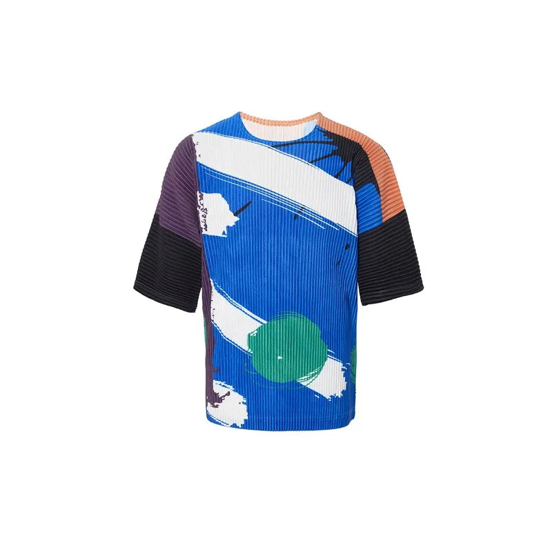 YUDX Pleated Men's Tops Printed T-shirt Loose Plus Size Short Sleeve Round Neck T-Shirt 2024 Summer New