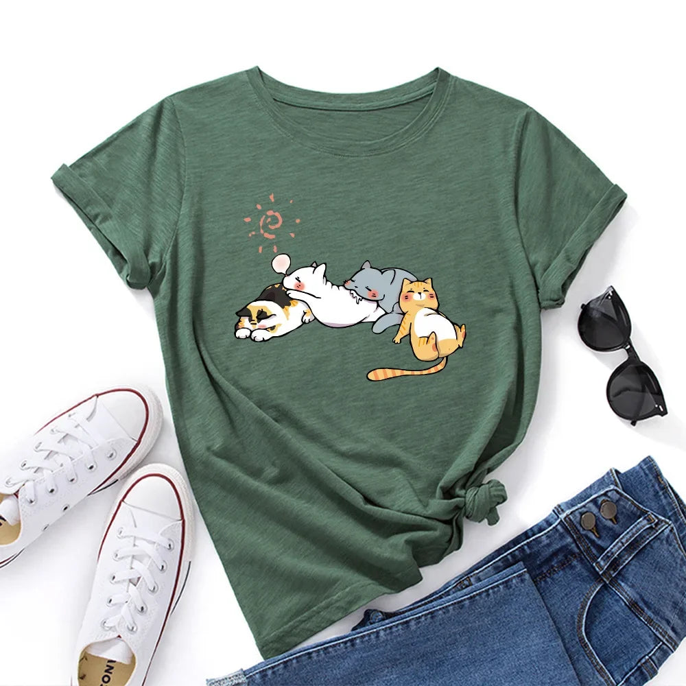 100% Cotton Women Tshirt Sleeping Cat Graphic Print Loose Tees Shirt Short Sleeve Woman T-shirt Summer Female Tops