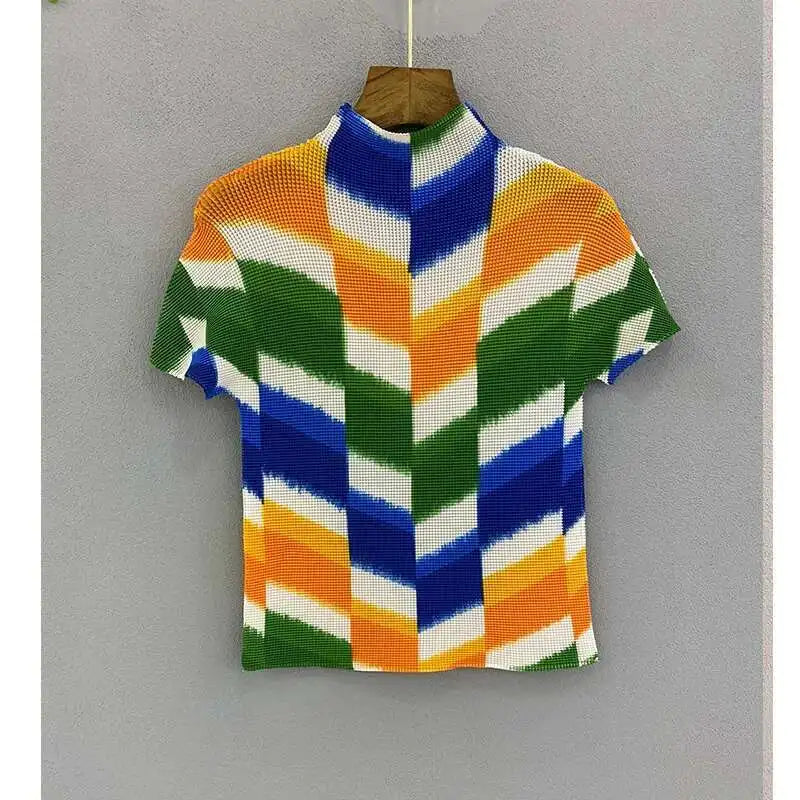 YUDX Printing Pleated T Shrit Woman Turtleneck Short Sleeve Pullover Elastic Slim Fit Tops High Street 2025 New Summer