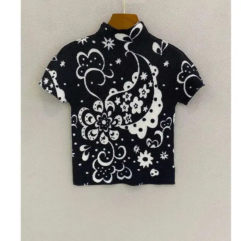 YUDX Printing Pleated T Shrit Woman Turtleneck Short Sleeve Pullover Elastic Slim Fit Tops High Street 2025 New Summer