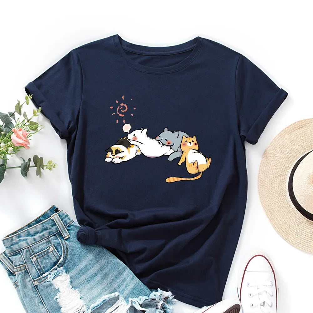 100% Cotton Women Tshirt Sleeping Cat Graphic Print Loose Tees Shirt Short Sleeve Woman T-shirt Summer Female Tops