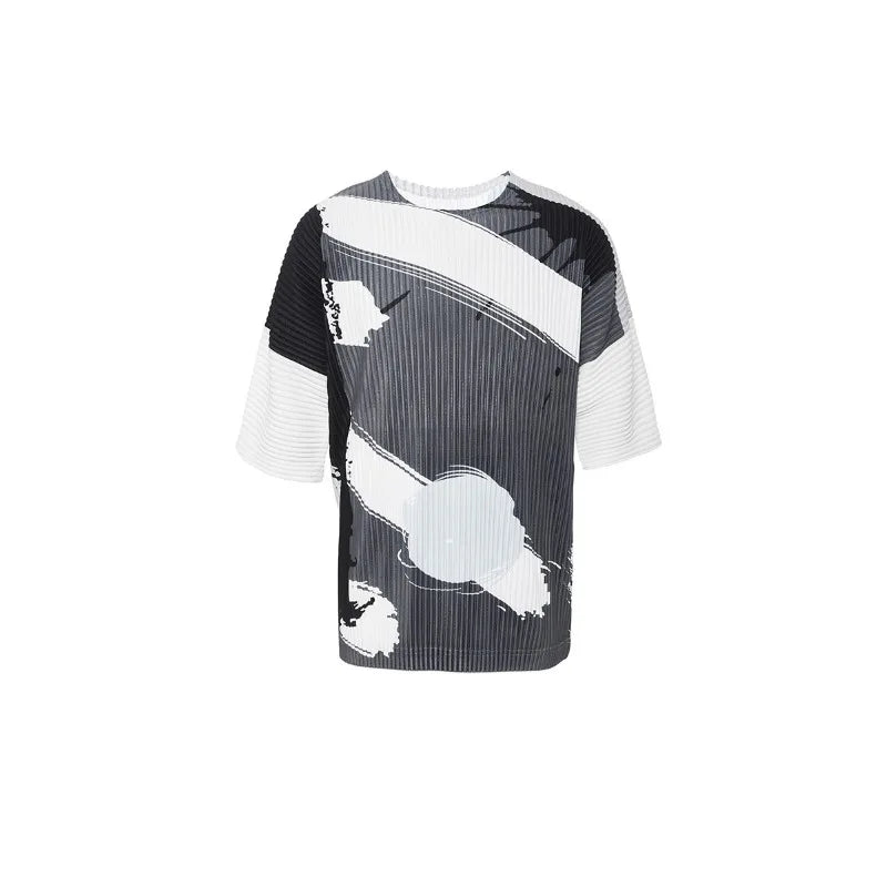 YUDX Pleated Men's Tops Printed T-shirt Loose Plus Size Short Sleeve Round Neck T-Shirt 2024 Summer New