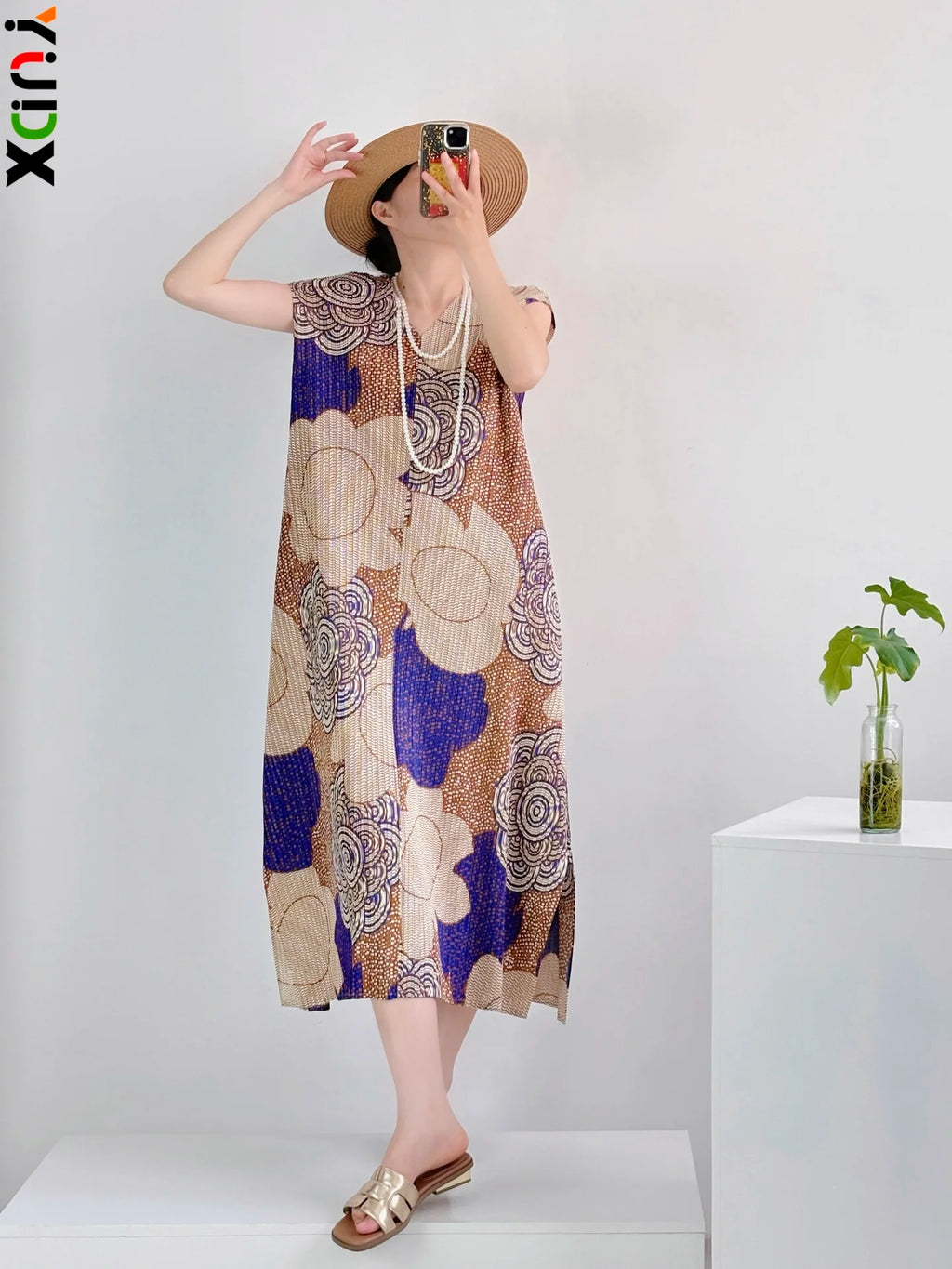 YUDX Brown Floral Blue Print Miyake Pleated Vneck Cap Sleeve Maxi Dress, Lightweight Slit Women's Casual Vacation Boho Dress New