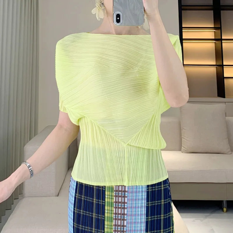 Miyake Pleated Irregular Short-sleeved Chic Women's T-shirt Versatile Elegant Elastic Slim Casual 2025 Summer New Pullover Tops
