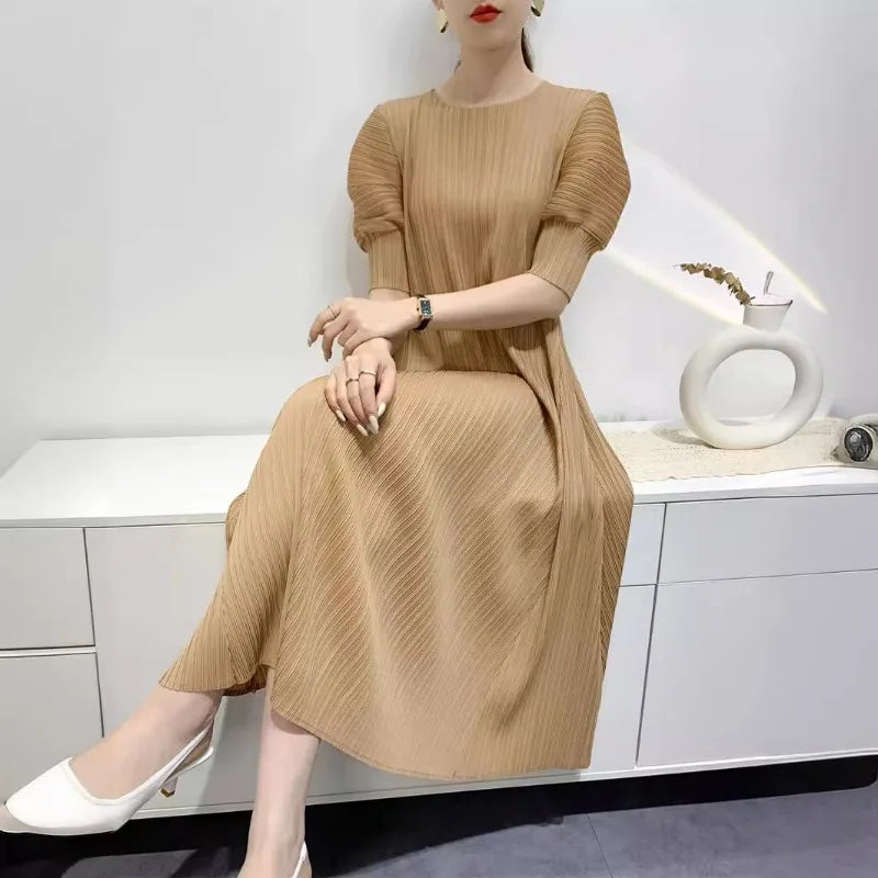 YUDX Miyake Pleated Fashion Women's Dresses Loose Plus Size Medium-length Round Neck Short-sleeved Girls Dresses 2024 Summer New