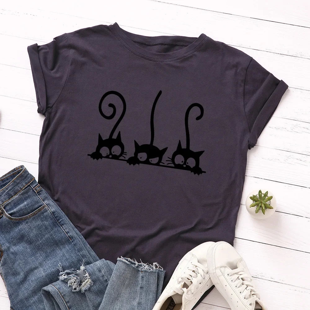100% Cotton Women T Shirt New Cat Print T-shirts Female Short Sleeve Tees Tops Woman Summer Tshirt