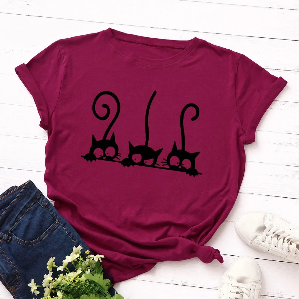 100% Cotton Women T Shirt New Cat Print T-shirts Female Short Sleeve Tees Tops Woman Summer Tshirt