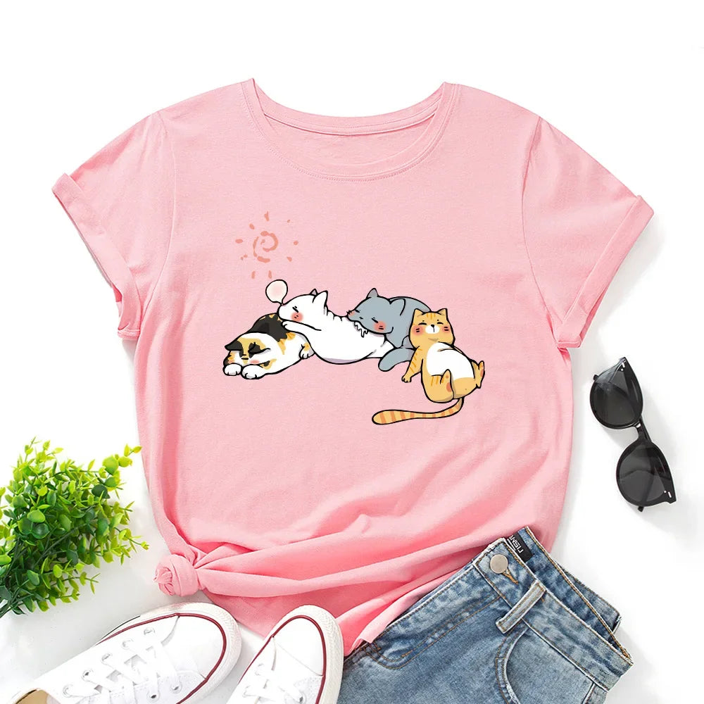 100% Cotton Women Tshirt Sleeping Cat Graphic Print Loose Tees Shirt Short Sleeve Woman T-shirt Summer Female Tops