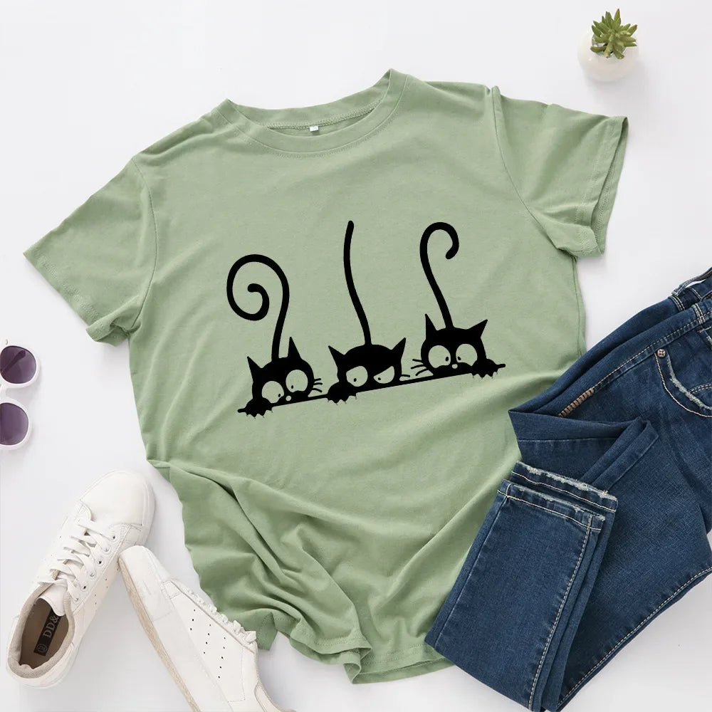 100% Cotton Women T Shirt New Cat Print T-shirts Female Short Sleeve Tees Tops Woman Summer Tshirt
