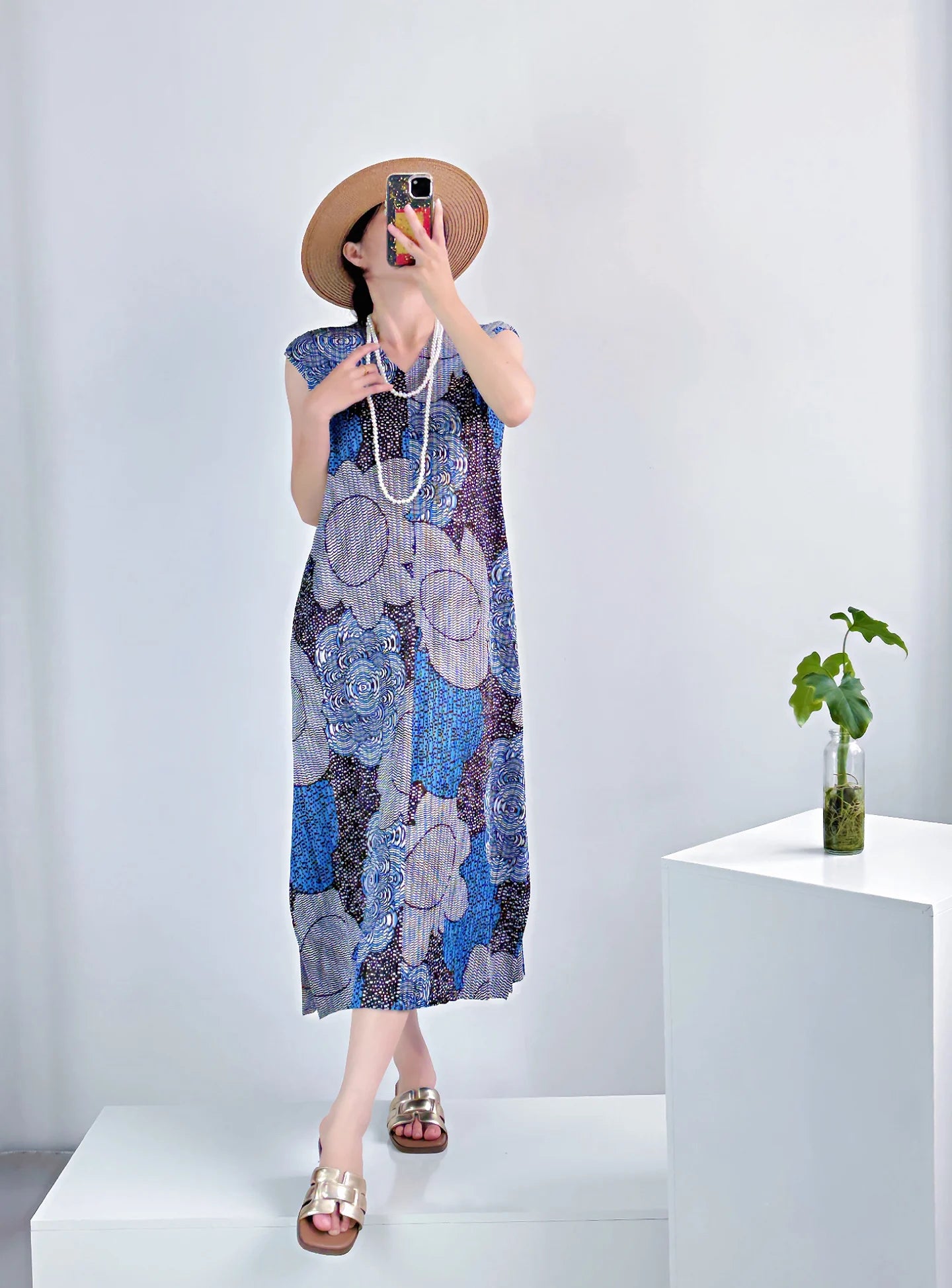YUDX Brown Floral Blue Print Miyake Pleated Vneck Cap Sleeve Maxi Dress, Lightweight Slit Women's Casual Vacation Boho Dress New