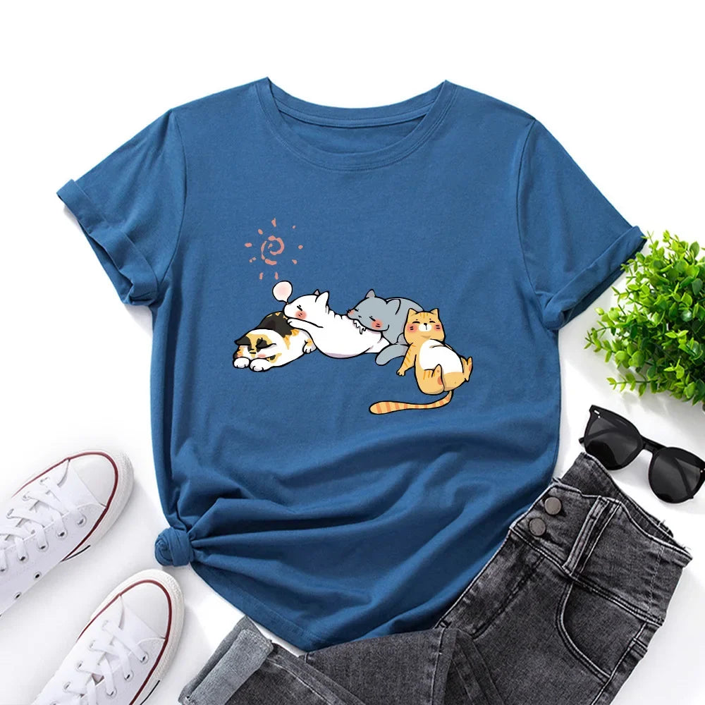100% Cotton Women Tshirt Sleeping Cat Graphic Print Loose Tees Shirt Short Sleeve Woman T-shirt Summer Female Tops