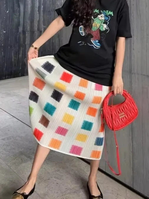 YUDX Miyake Pleated Printed Half Skirt 2025 Summer New Plaid High Waist A-Line Skirt