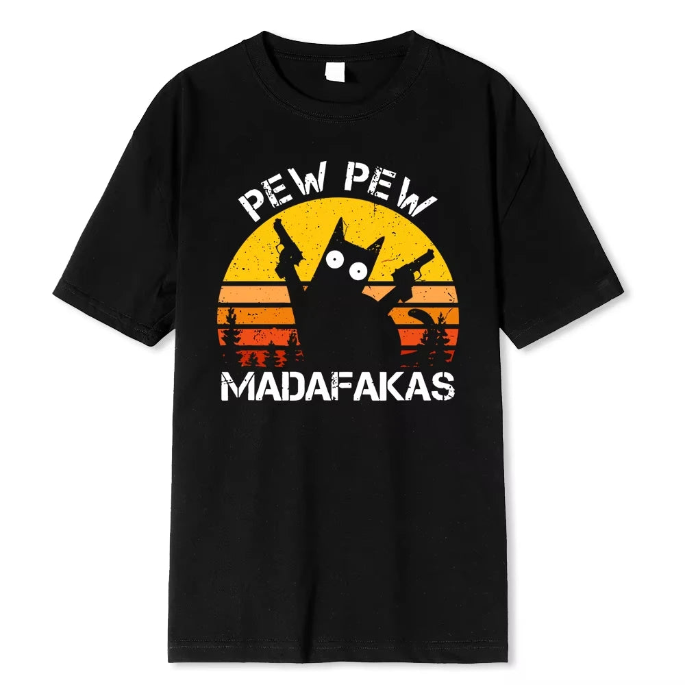 Pew Pew Madafakas Tshirt Men Short Sleeve Novelty Funny Cat T Shirt Cotton Loose Tops Shirts Tee T-Shirt Daily Streetwear
