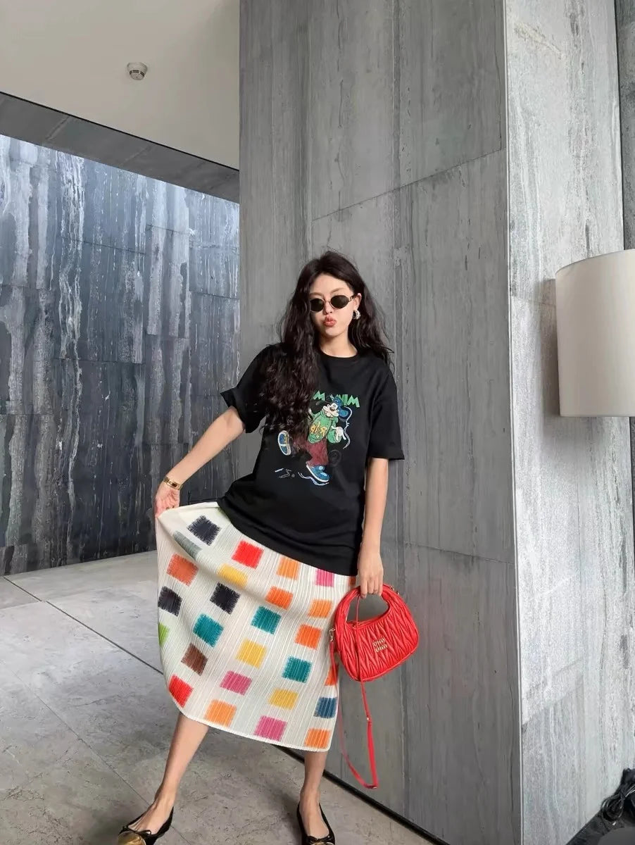 YUDX Miyake Pleated Printed Half Skirt 2025 Summer New Plaid High Waist A-Line Skirt