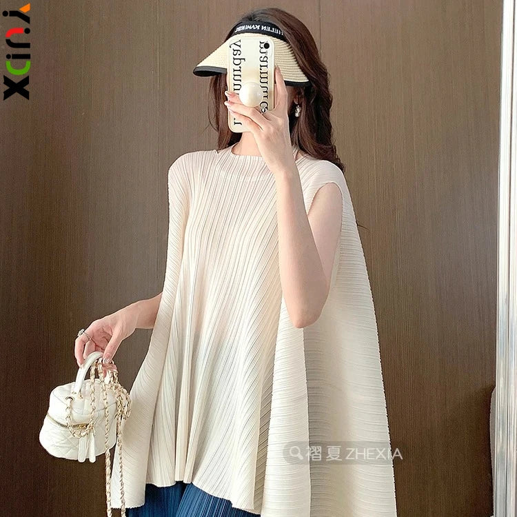 YUDX Ivory Miyake Pleated Sleeveless Tunic Top Lightweight Wrinkle-Resistant Women's Casual Daily Vacation Beach Office Blouse