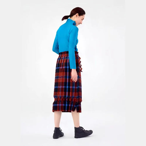 Blue Black Plaid Pleated Asymmetric Skirt Ruffle Trim Skirt Retro Modern Chic Stylish Trendy Daily Layering Essential Pieces