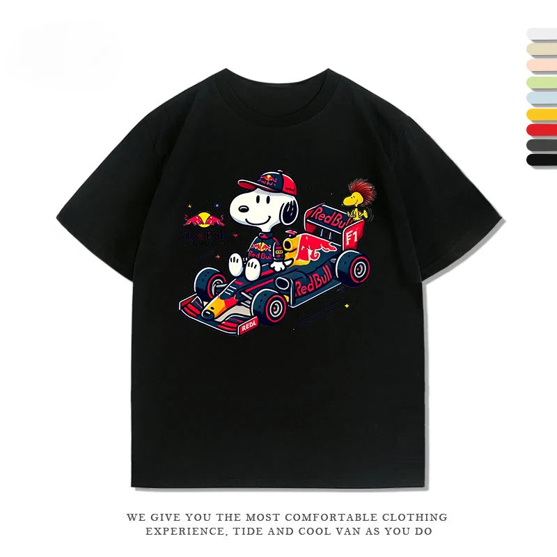 Disney Snoopy F1 Racing Anime Women's T-shirt Funny Printed Summer Fashion Casual Cotton T-shirt Short Sleeve Motorcycle T-shirt