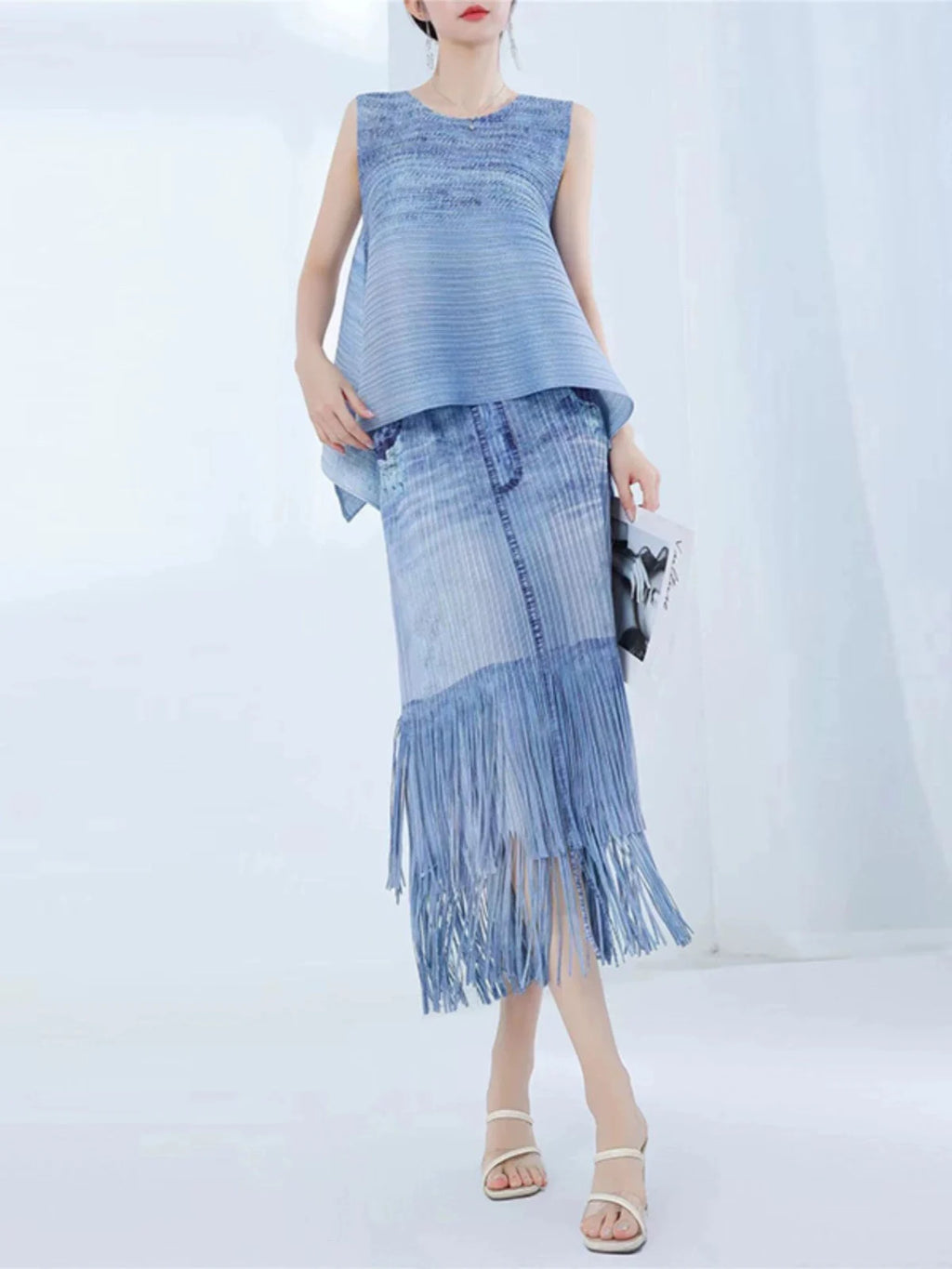 Miyake Folded Denim Style Sheath Dress 2025 Summer New Sleeveless Top + Fringe Half Skirt Set
