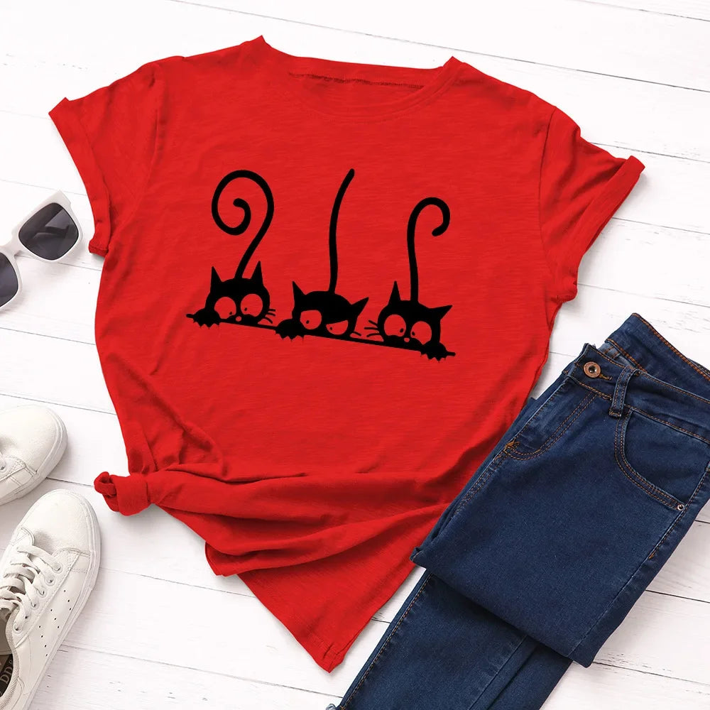 100% Cotton Women T Shirt New Cat Print T-shirts Female Short Sleeve Tees Tops Woman Summer Tshirt