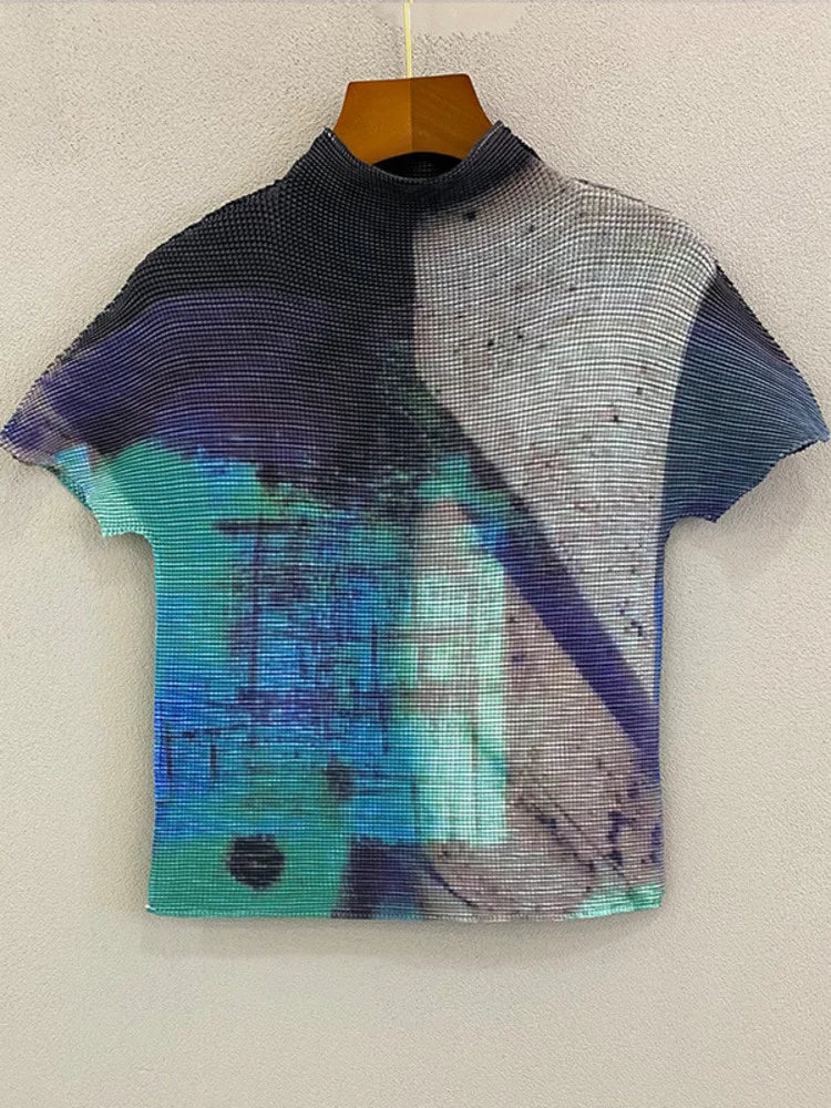 YUDX Printing Pleated T Shrit Woman Turtleneck Short Sleeve Pullover Elastic Slim Fit Tops High Street 2025 New Summer
