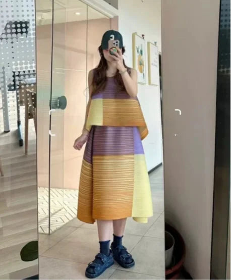 Miyake Pleated Collision Color Half Skirt 2025 Summer New Temperament Leisure Loose Horizontal Stripe A-line Skirt