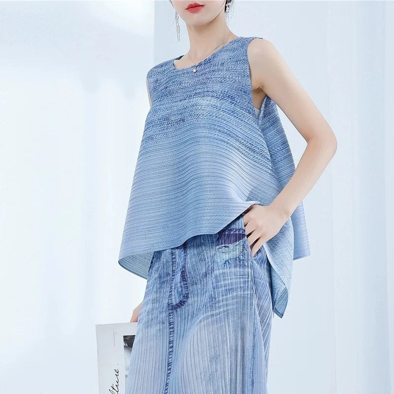 Miyake Folded Denim Style Sheath Dress 2025 Summer New Sleeveless Top + Fringe Half Skirt Set